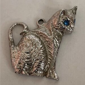 Sterling Silver Cat Pendant Charm with Blue Gem Eyes - vintage